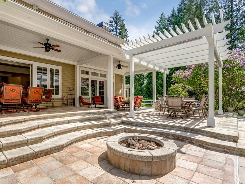 outdoor patio with firepit and pergola